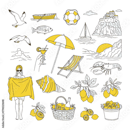 Italian Summer Vacation Doodles – Hand-Drawn Ink Vector of Amalfi Coast, Sea & Beach Elements