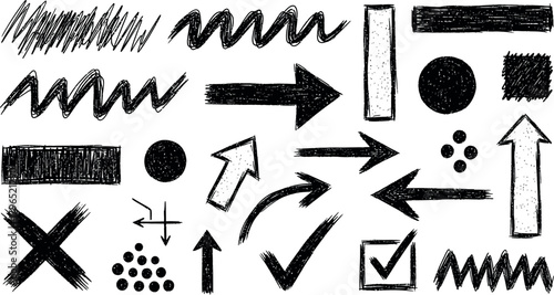 Vector Illustration of Chalkboard Doodle Elements Set: Hand-Drawn Arrows, Lines, Marks, and Scribbles for Design Projects