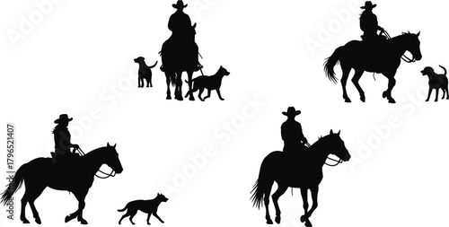 Cowboy riding silhouette, horse and dog, western icon, rural scene, black vector set, companionship pose, white background, country lifestyle