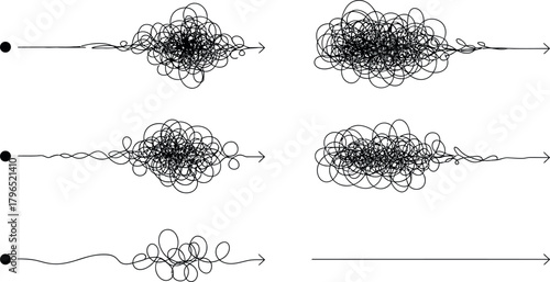 Vector Illustration of Problem Solving Journey: From Tangled Confusion to Clear Direction Arrow