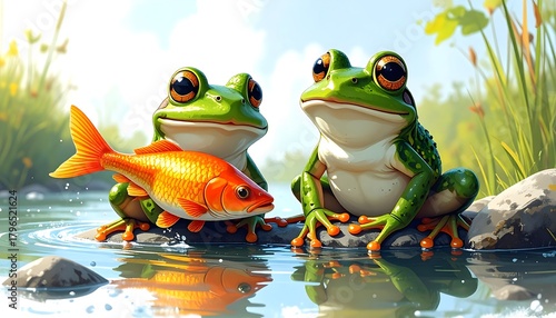Cartoon frogs with shiny goldfish illustration art high resolution image