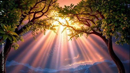 The images depict a serene outdoor scene featuring two large trees with lush, green foliage framing a bright sky