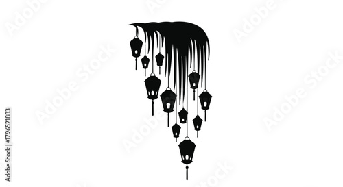 Mysterious cluster of hanging lanterns illuminated against darkness