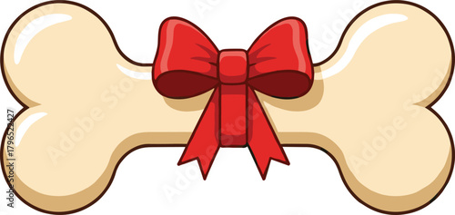 Dog Bone with Red Bow, Pet Gift Illustration, Cute Animal Treat, Holiday Celebration Icon, Glossy Surface, Festive Ribbon, Present Design