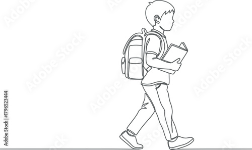 Young boy with backpack and book walks forward illustration