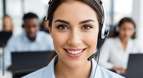 Young Professional Woman with Headset Smiling at the Camera in a Call Center Environment