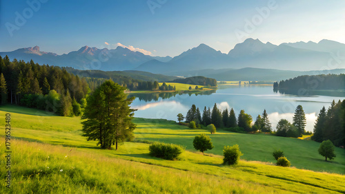 Fototapeta Naklejka Na Ścianę i Meble -  Idyllic mountain scenery with a tranquil lake reflecting the majestic peaks, lush green meadows, and dense forests under a clear blue sky in summer