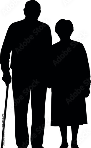 Elderly couple silhouette standing together with cane