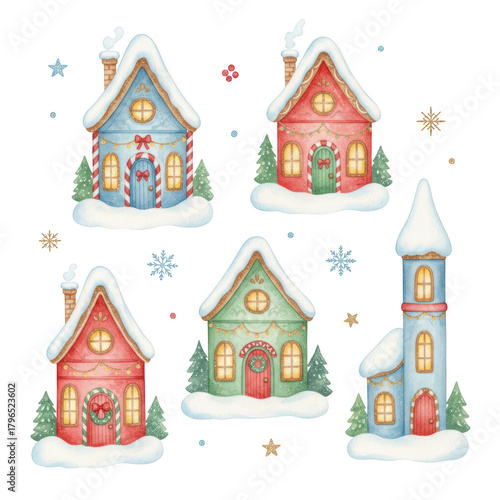 Whimsical winter village with colorful houses, snow, trees, and decorative elements on a black background