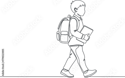 Young student walking with backpack and books on a line