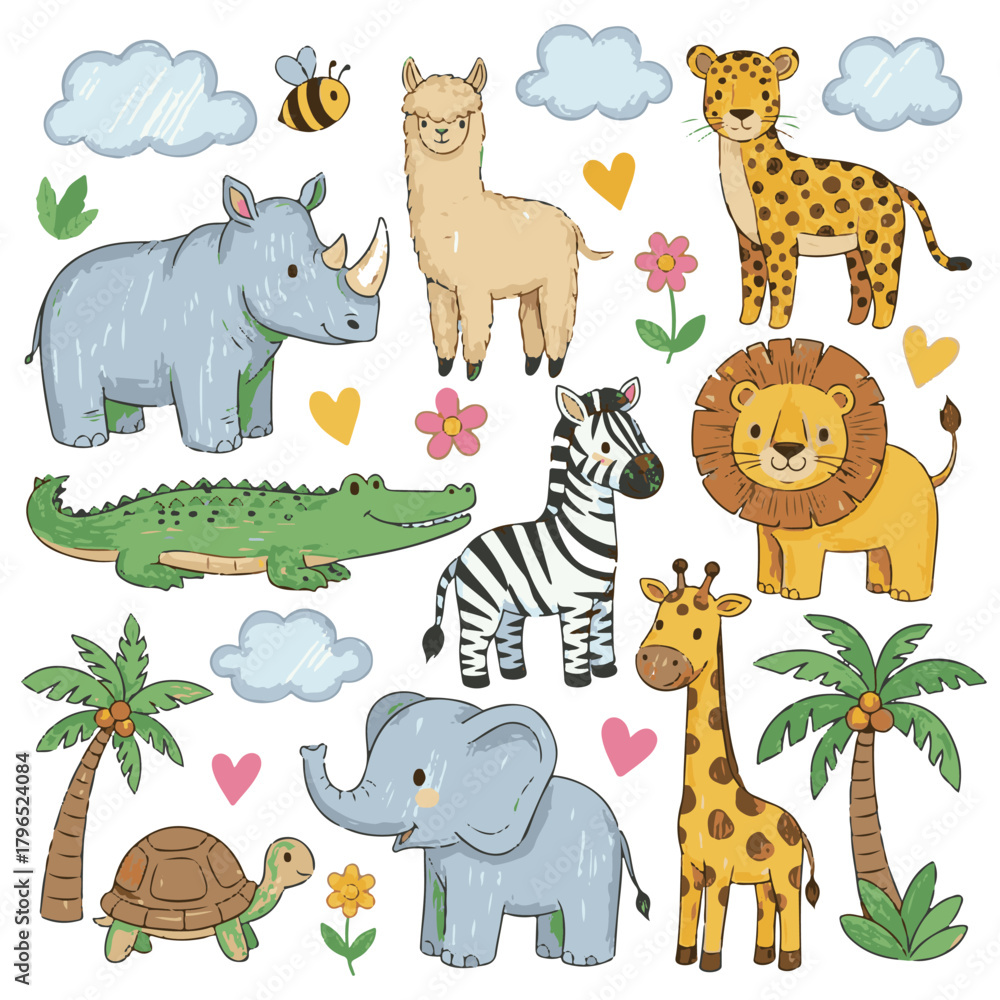 Obraz premium Kids Animal Doodle Set – Hand-Drawn Childish African Wildlife Illustrations Featuring Cute Cartoon Elephant, Lion, Crocodile, Capybara, and Palm Trees in Colorful Pencil Scribble Style.