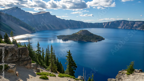 Crater lake national park, oregon, usa a stunning view of wizard island in the deep blue waters of the caldera, surrounded by lush green forests and mountains