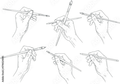 Six different hand poses holding a writing utensil for drawing