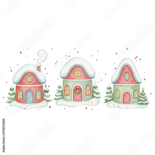 Colorful winter houses with snow-covered roofs and Christmas decorations, surrounded by snowy trees on a black background