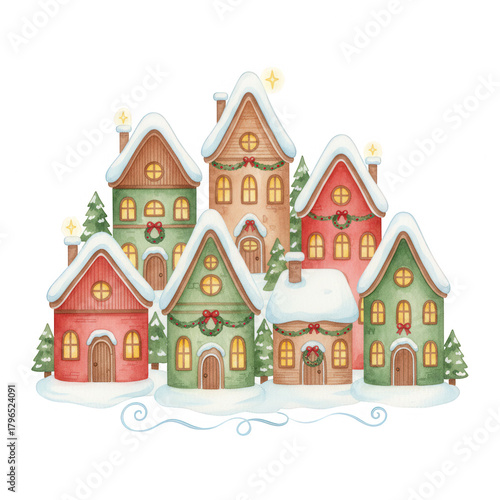 Colorful winter cottage village with snow-covered roofs, decorated with wreaths and lights, surrounded by evergreen trees on a black background