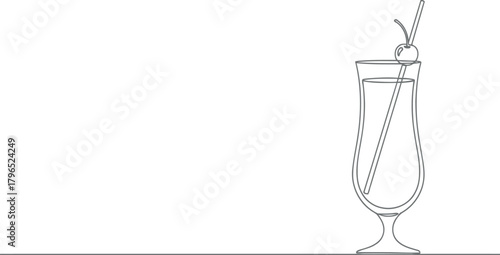 Simple line drawing of a tall cocktail with a cherry and straw
