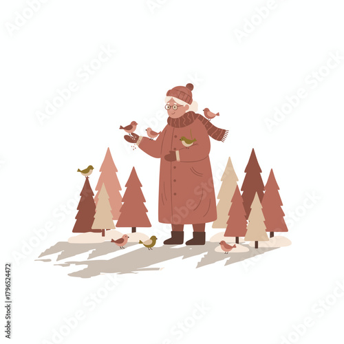 Elderly man feeding birds in a snowy forest landscape  