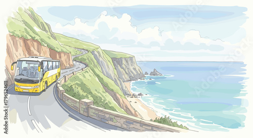 Scenic bus driving along coastal road by the ocean and cliffs  