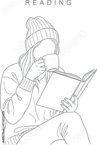 Cozy person enjoys reading a book and drinking coffee