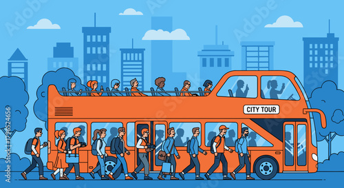 Urban scene of people boarding orange double-decker bus in city  