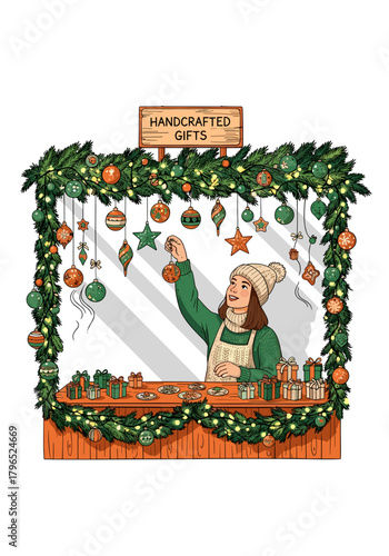 Woman arranging handcrafted gifts at festive market stall  