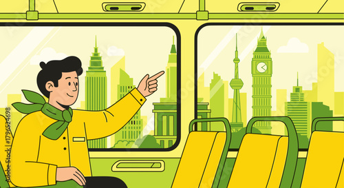 Man pointing out the window of bus with city skyline background  