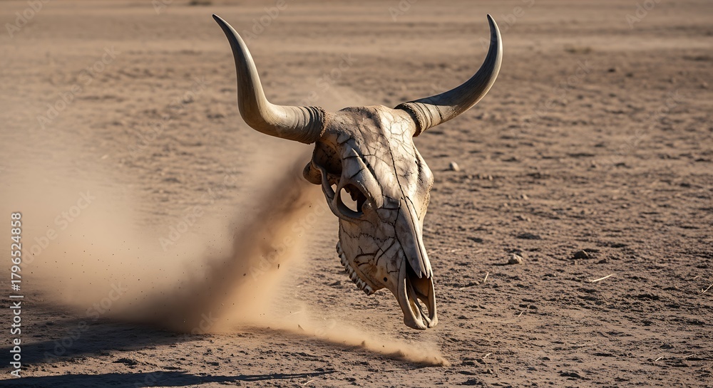 Obraz premium Cow Skull in Desert Dust Storm Remains on Arid Land
