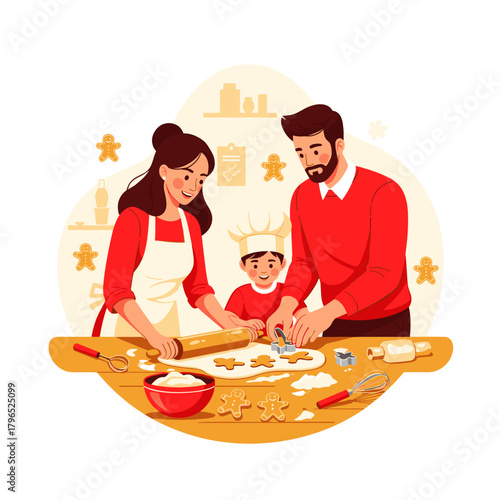 Family baking cookies together in a cozy kitchen during winter  