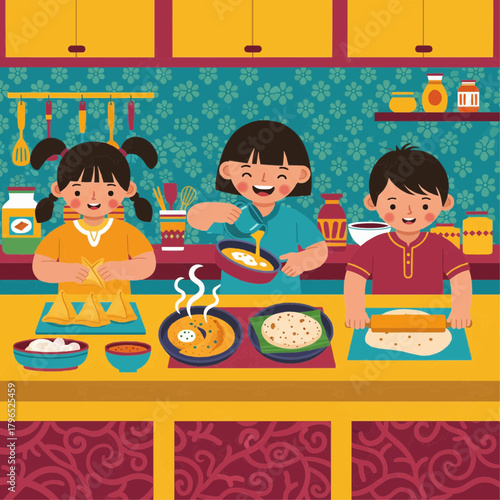 Cute Indian children cooking traditional foods