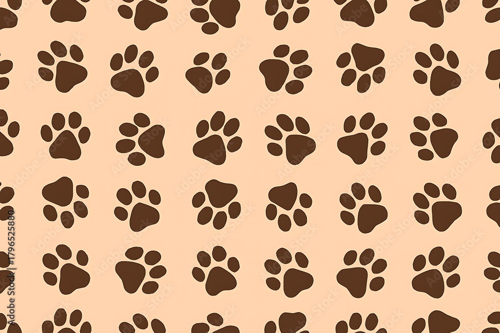 Fototapeta premium Seamless pattern of brown paw prints on a beige background, repeated design.