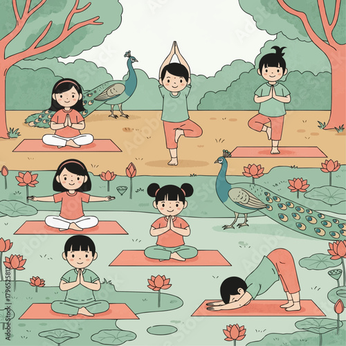 Vector illustration of cute Indian children doing yoga poses in a peaceful garden surrounded by lotuses and peacocks