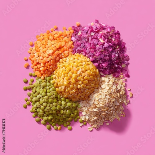 Five colorful piles of dry ingredients on a solid pink background