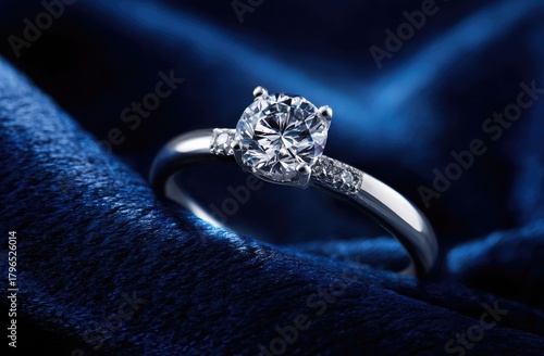 Ring with a brilliant cut diamond on flowing blue satin fabric