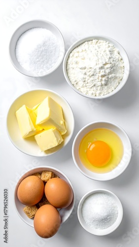 Overhead shot showcases baking ingredients in small bowls, white surface. Includes sugar, flour, butter, eggs, & more