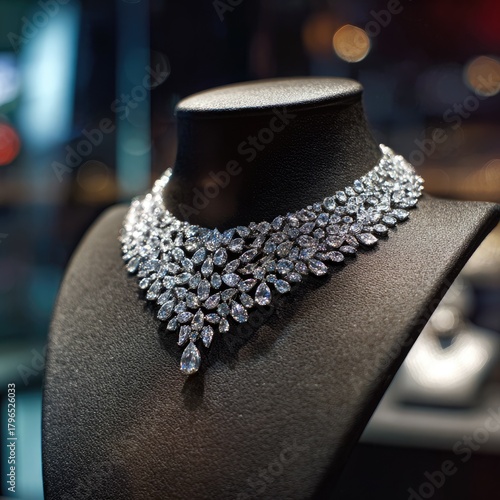 Sparkling necklace on mannequin, displayed in soft, bokeh-filled light