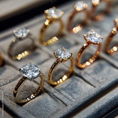 Elegant rings displayed. Diamond shines. Soft velvet background