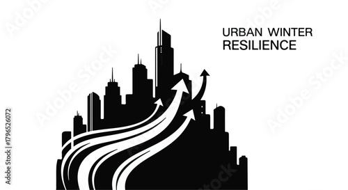 Symbolic illustration of urban winter resilience with rising arrows against a city skyline.