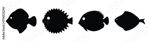 Four silhouette fish including pufferfish marine life sea creatures aquatic animals