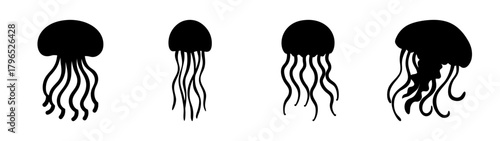 Four stylized silhouettes of jellyfish in various sizes and tentacle styles