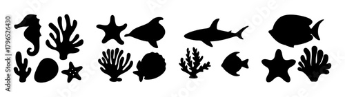 Diverse underwater silhouettes featuring seahorses fish sharks corals and starfish