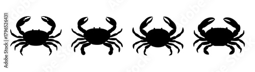 Four silhouettes of black crabs displayed in a row with claws raised