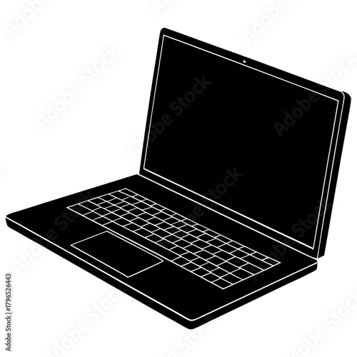 Black silhouette of an open laptop computer isolated on white background