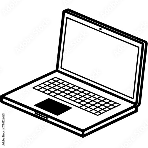A simple black and white line drawing of a modern laptop computer isolated on white background