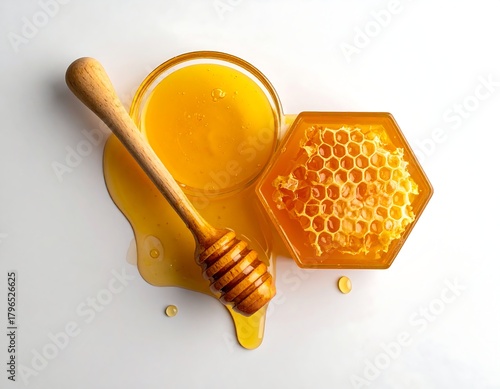 Overhead shot showing honey, a honeycomb, and a wooden honey dipper. The golden liquid spills onto a white surface