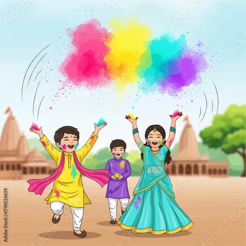 Vector illustration of cute Indian children playing Holi, throwing colorful powders in the air