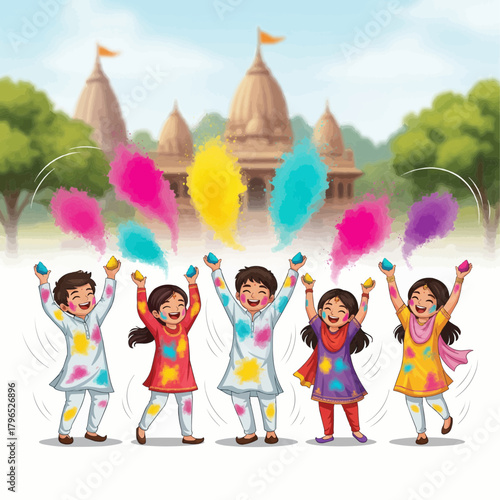 Vector illustration of cute Indian children playing Holi, throwing colorful powders in the air