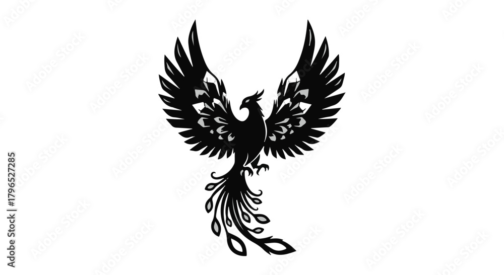 Fototapeta premium Majestic black phoenix with spread wings against a white background, symbolizing rebirth and power.