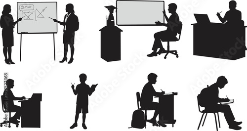 Education silhouettes, teacher, student, classroom, computer desk, graduation podium, book reading, black vector icons, learning scene, white background, academic poses