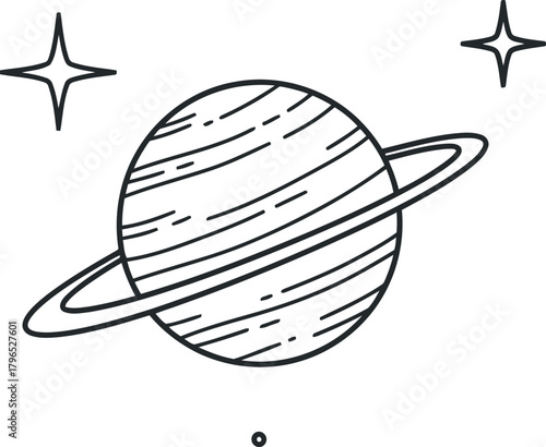 Hand drawn saturn planet with rings and stars in outer space
