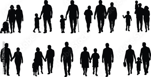 Family and social silhouette set, parent-child interaction vector, walking and bonding design, relationship graphics, everyday life illustration collection